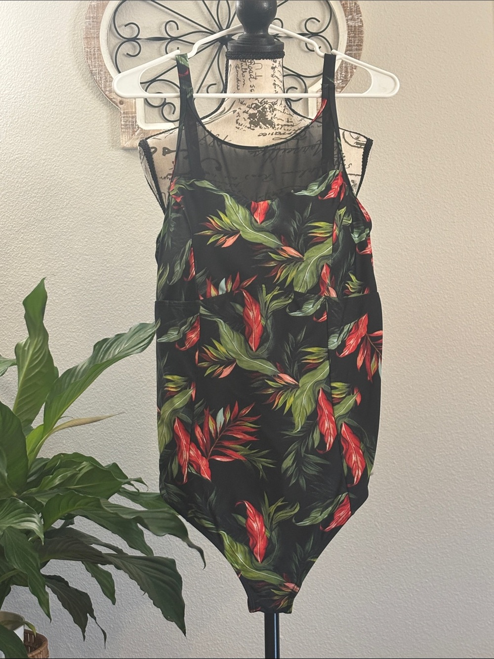 Torrid Black Tropical Print Tank Romper with Mesh Yoke
